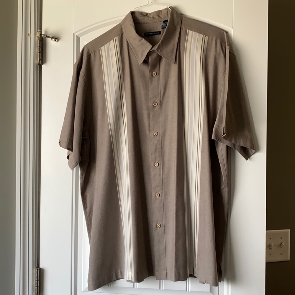 Men’s casual taupe striped dress shirt